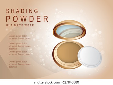 Elegant powder isolated on sparkly and shiny background.Compact foundation advert for web,poster,placard,flyer and leaflet template.Useful for marketing on social network and banner