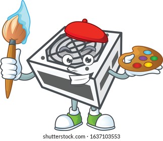 An elegant power supply unit white color painter mascot icon with brush