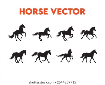 Elegant and powerful, this vector file features a diverse collection of black and white silhouette illustrations of horses in a range of dynamic poses.