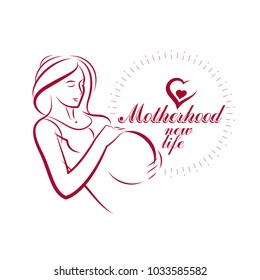 Elegant pregnant woman body silhouette drawing. Vector illustration of mother-to-be fondles her belly. Mothers day conceptual poster