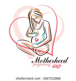 Elegant pregnant woman body silhouette drawing. Vector illustration of mother-to-be fondles her belly. Mothers day conceptual poster