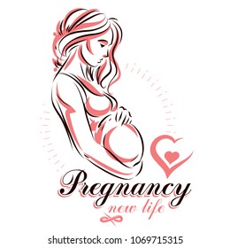 Elegant pregnant woman body silhouette drawing. Vector illustration of mother-to-be fondles her belly. Gynecology and pregnancy medical care clinic promotion leaflet