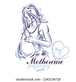 Elegant pregnant woman body silhouette drawing. Vector illustration of mother-to-be fondles her belly. Obstetrics and gynecology clinic advertising banner