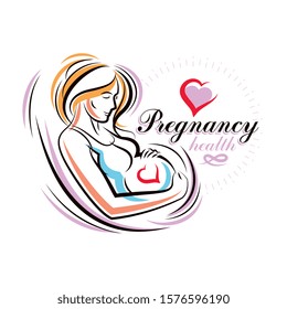 Elegant pregnant woman body silhouette drawing. Vector illustration of mother-to-be fondles her belly. Reproduction clinic advertising