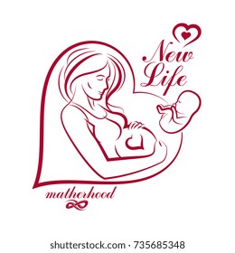 Elegant Pregnant Woman Body Silhouette Drawing. Vector Illustration Of Mother-to-be Fondles Her Belly. Obstetrics And Gynecology Clinic Advertising Banner