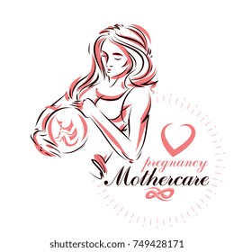 Elegant pregnant woman body silhouette drawing. Vector illustration of mother-to-be fondles her belly. Prenatal center and motherhood preparing clinic promotion flyer