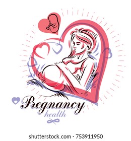 Elegant pregnant woman body silhouette drawing. Vector illustration of mother-to-be fondles her belly. Pregnancy and maternity popularization 