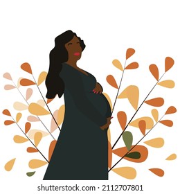 Elegant pregnant woman. On a white background with branches. Flat illustration.