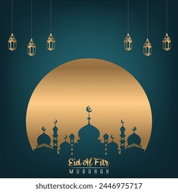 Elegant premium design, calm blue and gold, Eid al-Fitr celebration greetings with a square composition