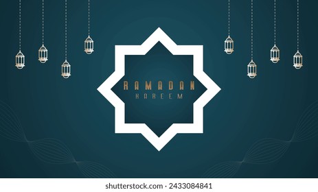 Elegant premium minimalist design background wallpaper banner for Ramadan greetings with shades of blue and gold, a month of fasting full of blessings