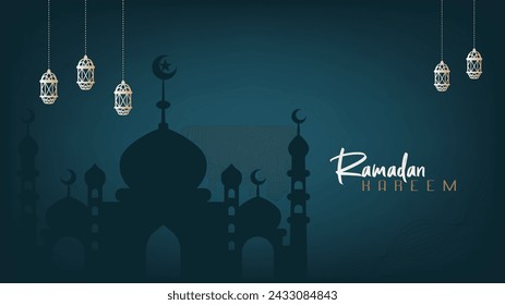 Elegant premium minimalist design background wallpaper banner for Ramadan greetings with shades of blue and gold, a month of fasting full of blessings