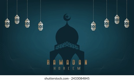 Elegant premium minimalist design background wallpaper banner for Ramadan greetings with shades of blue and gold, a month of fasting full of blessings