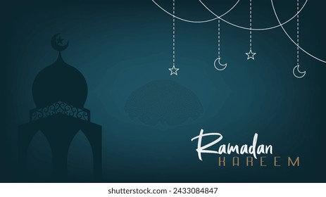Elegant premium minimalist design background wallpaper banner for Ramadan greetings with shades of blue and gold, a month of fasting full of blessings