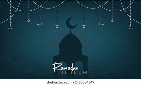 Elegant premium minimalist design background wallpaper banner for Ramadan greetings with shades of blue and gold, a month of fasting full of blessings