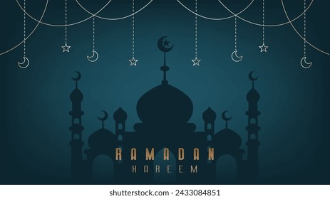 Elegant premium minimalist design background wallpaper banner for Ramadan greetings with shades of blue and gold, a month of fasting full of blessings