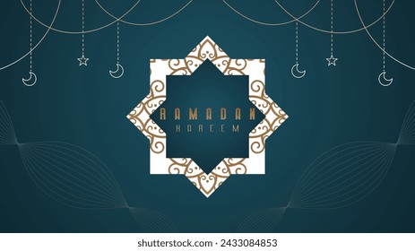 Elegant premium minimalist design background wallpaper banner for Ramadan greetings with shades of blue and gold, a month of fasting full of blessings