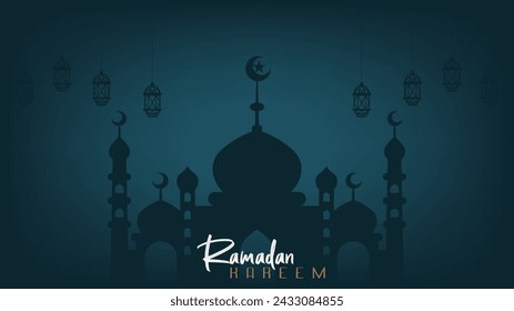Elegant premium minimalist design background wallpaper banner for Ramadan greetings with shades of blue and gold, a month of fasting full of blessings
