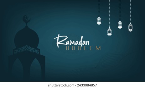 Elegant premium minimalist design background wallpaper banner for Ramadan greetings with shades of blue and gold, a month of fasting full of blessings