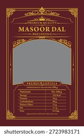 Elegantes Premium-Verpackungsetikett-Design für Masoor Dal (Red Lentils) mit detaillierten Nährwertangaben pro 100g, geeignet für Pulsmarken, Lebensmittelprodukte und Lebensmittelverpackungen in Exportqualität.