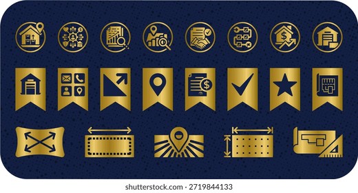 Elegant premium vector icon set for business, investment, real estate and corporate strategy. Gold icons on dark background, ideal for branding, presentations and financial projects.