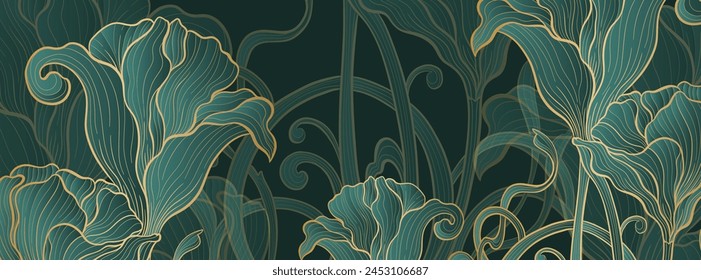 Elegant prestigious Art Deco background template with flowers. The design luxury is made for Art Deco motif with green and gold colors. Vector illustration.