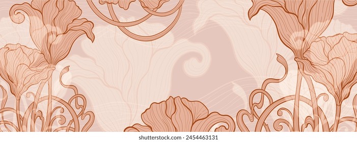 Elegant prestigious Art Deco background template with flowers. The design luxury is made for Art Deco motif with beige and gold colors. Vector illustration.