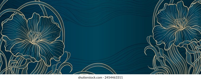 Elegant prestigious Art Deco background template with flowers. The design luxury is made for Art Deco motif with blue and gold colors. Vector illustration.