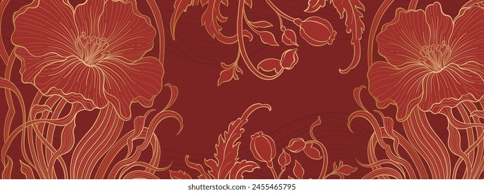 Elegant prestigious Art Deco background template with flowers. The design luxury is made for Art Deco motif with red and gold colors. Vector illustration.