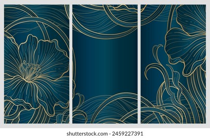 Elegant prestigious Art Deco background template with flowers. The design luxury is made for Art Deco motif with blue and gold colors. Vector illustration.