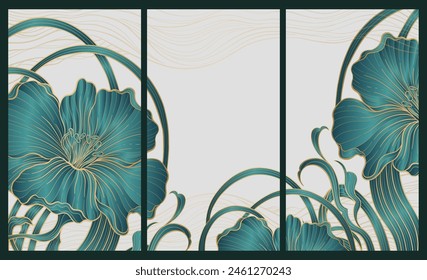 Elegant prestigious Art Deco background template with flowers. The design luxury is made for Art Deco motif with green and gold colors. Vector illustration.