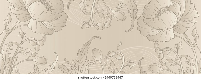 Elegant prestigious background neutral template with peony flowers. The design luxury peony is made for oriental chinese motif with gold and beige colors. Vector illustration.