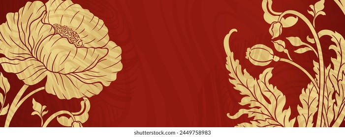 Elegant prestigious background template with peony flowers. The design luxury peony is made for oriental chinese motif with gold and red colors. Vector illustration.