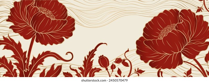 Elegant prestigious background template with peony flowers. The design luxury peony is made for oriental chinese motif with gold and red colors. Vector illustration.