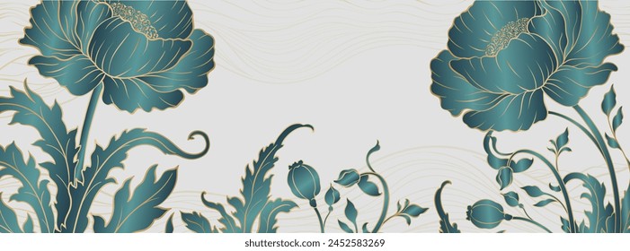 Elegant prestigious background template with peony flowers. The design luxury peony is made for oriental chinese motif with gold and green gradient colors. Vector illustration.