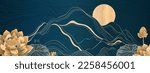 Elegant prestigious night background with lotus flowers against the background of the mountains and the moon. The design is made for oriental motif with gold and blue colors. Vector illustration.