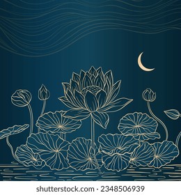 Elegant prestigious night background with lotus flowers against the background waves and the moon. The design is made for oriental motif with gold and blue colors. Vector illustration.