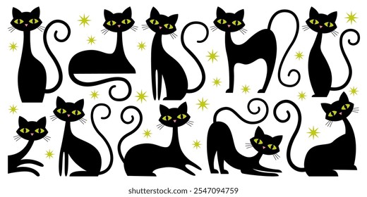 Elegant pretty black cat character in different poses and action trendy artistic seamless pattern vector illustration. Cute feline domestic animal mascot fabric textile print, wallpaper background