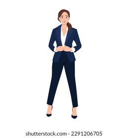 Elegant pretty business woman in formal clothes. Base wardrobe, feminine corporate dress code. Collection of full length portraits of business woman. Flat vector 