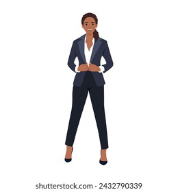 Elegante mujer de negocios bonita en ropa formal. Vestuario base, código de vestimenta corporativa femenina. Colección de retratos completos de mujer de negocios. Vector plano 