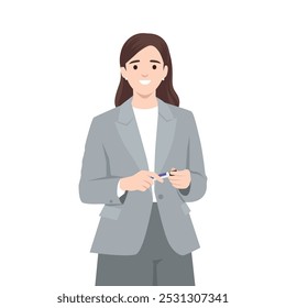 Elegante mujer de negocios bonita en ropa formal. Ilustración vectorial plana aislada sobre fondo blanco