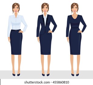 Elegant Pretty Business Woman In Formal Clothes. Base Wardrobe, Feminine Corporate Dress Code. Collection Of Full Length Portraits Of Business Woman. Vector Illustration Isolated On White.
