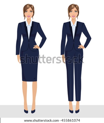Elegant pretty business woman in formal clothes. Base wardrobe, feminine corporate dress code. Collection of full length portraits of business woman. Vector illustration isolated on white.