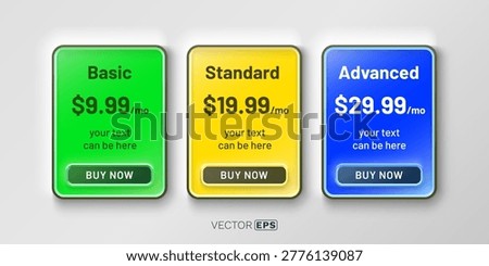 Elegant Pricing Table with Three Subscription Plans Basic, Standard, and Advanced with Buy Now buttons. Vector illustration.