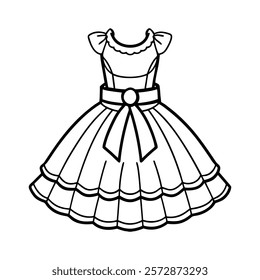 Elegant Princess Dress - Black and White Line Drawing