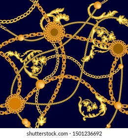 Elegant print with jewelry elements. Seamless vector pattern with golden chains and cords on black background. Vintage textile collection.