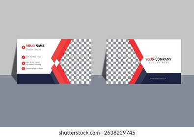 Elegant and professional business card design with red, white, and navy blue elements. Perfect for corporate use, consultants, or entrepreneurs.