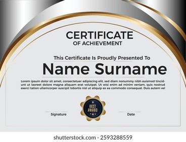 Elegant and professional certificate template with modern design elements. Fully editable and print-ready vector file, perfect for diplomas, awards, achievements, and recognitions. High-quality