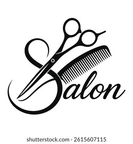 An elegant and professional salon logo featuring a pair of scissors and a comb, symbolizing expert hair care and styling services. This sleek design is perfect for a modern beauty salon