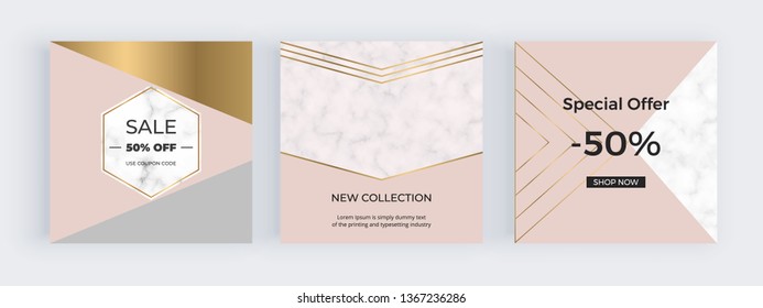 Elegantes banderas web cuadradas de promoción con formas de triángulos geométricos, líneas doradas en la textura de mármol. Plantillas para medios sociales, tarjetas, pancartas, volantes y aplicaciones móviles.
