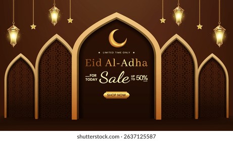 Elegant promotional graphic celebrating Eid Al Adha with decorative lanterns, crescent moon, and ornate Islamic patterns, highlighting a seasonal discount opportunity for festive shopping.